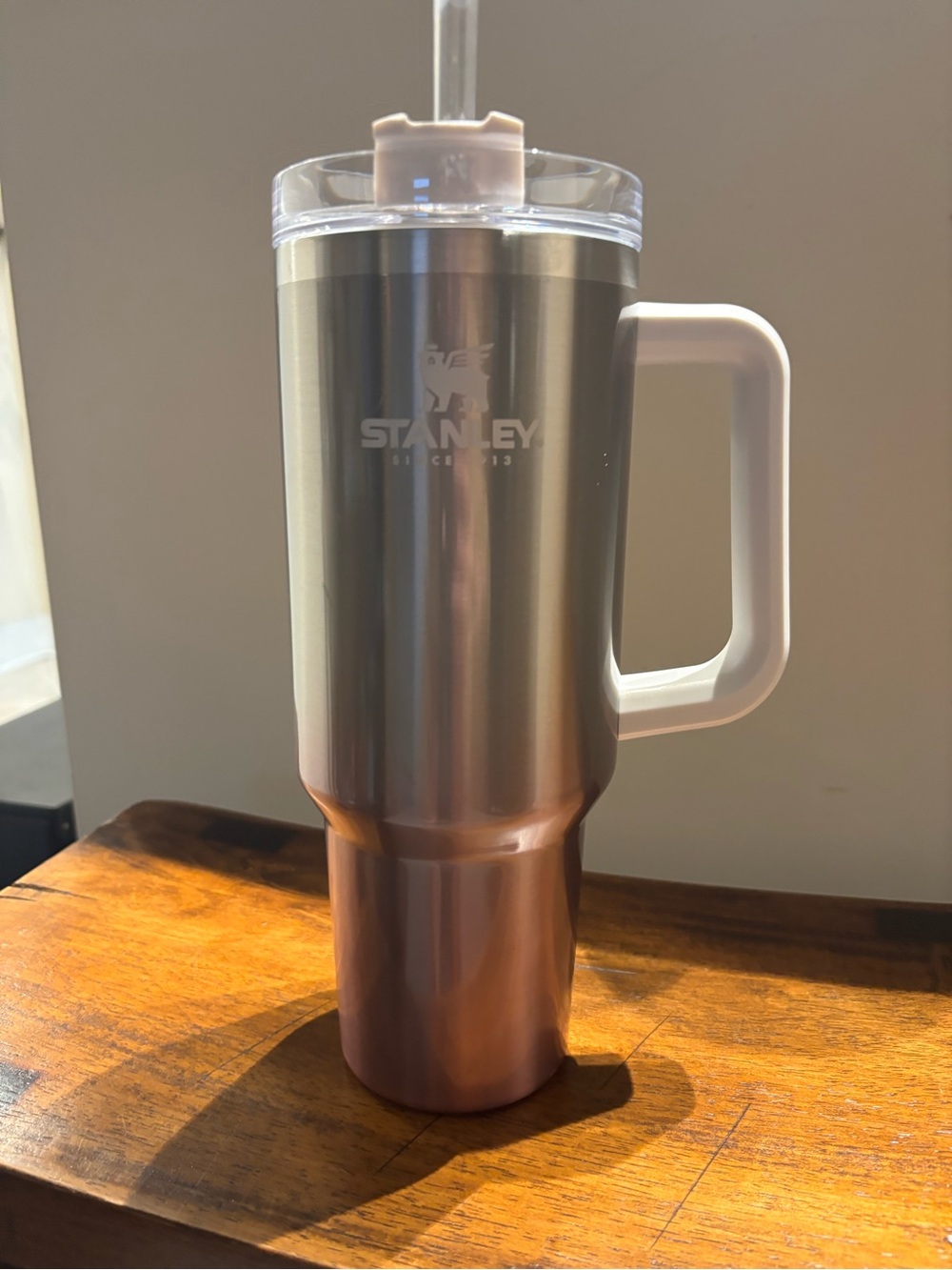 Stanley Two-Tone Stainless Travel Tumbler in Rose and Champagne with Handle